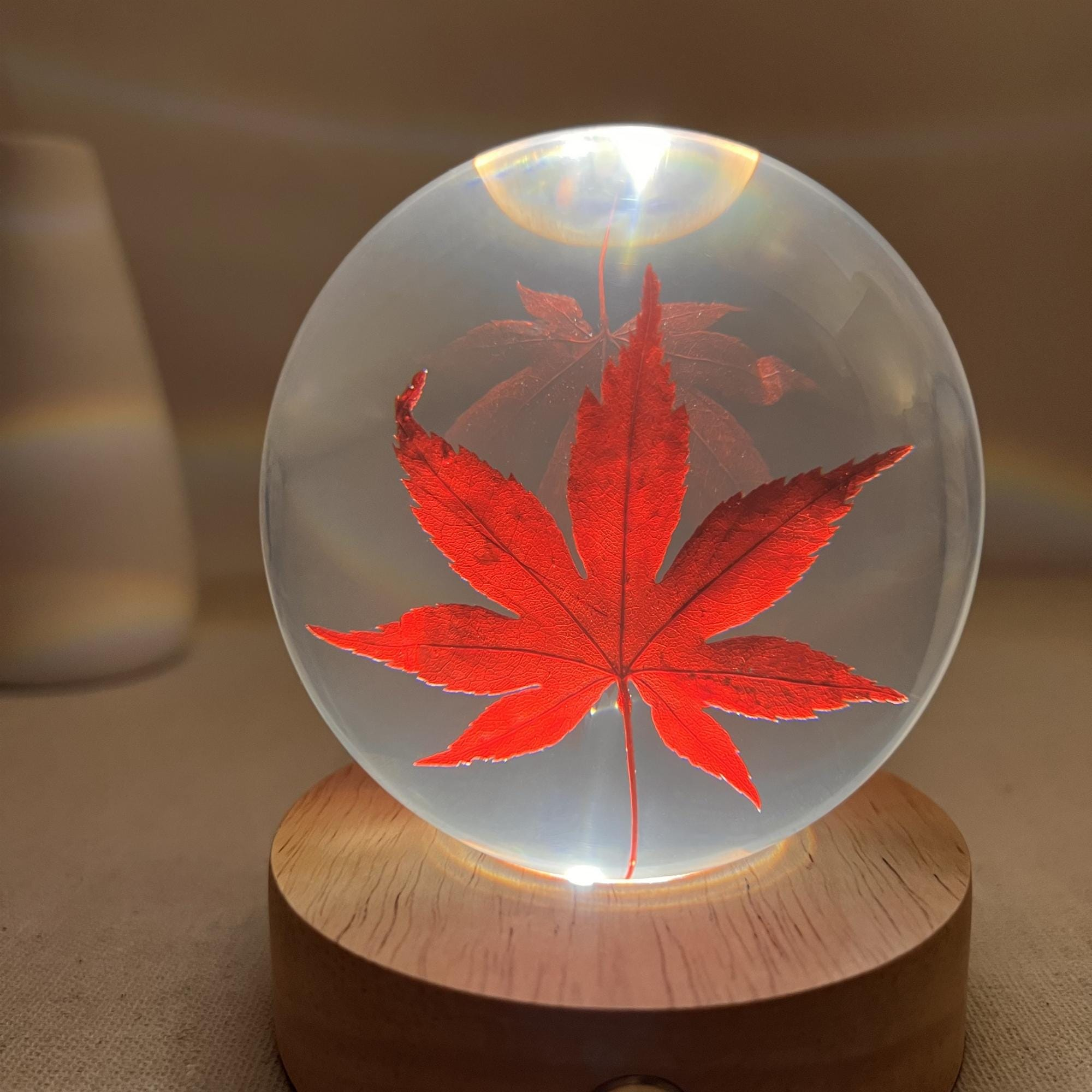 Illuminated Red Maple Leaf Crystal Ball Night Light - Image 3